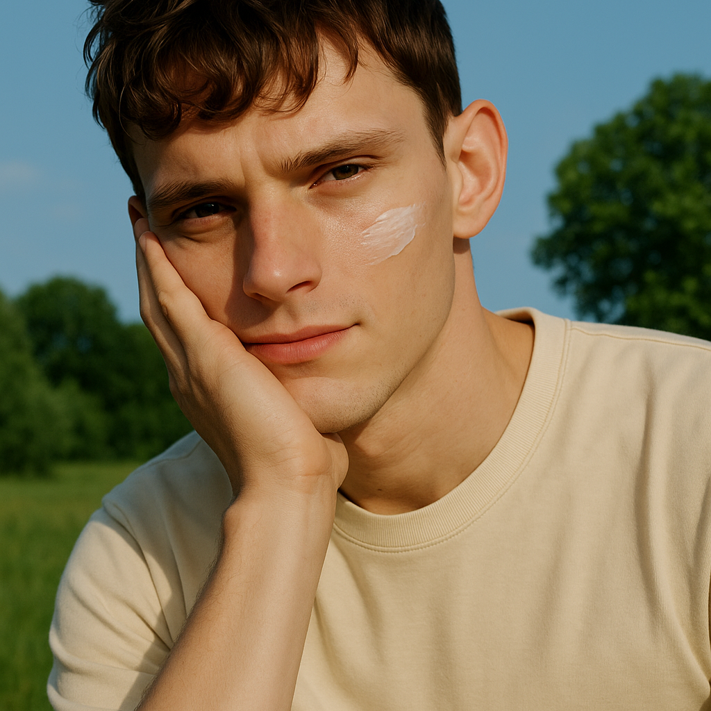 Man outside in a field resting his head on his hand with a swipe of moisturizer on his cheek