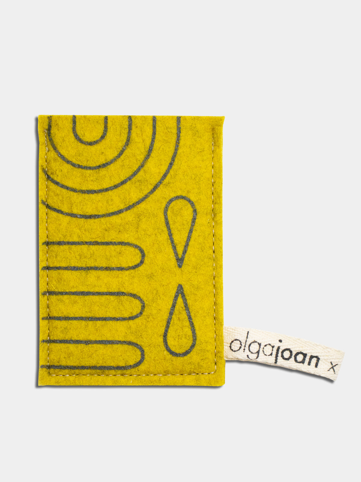 Yellow felted wool gua sha protector featuring dark gray-green graphic pattern