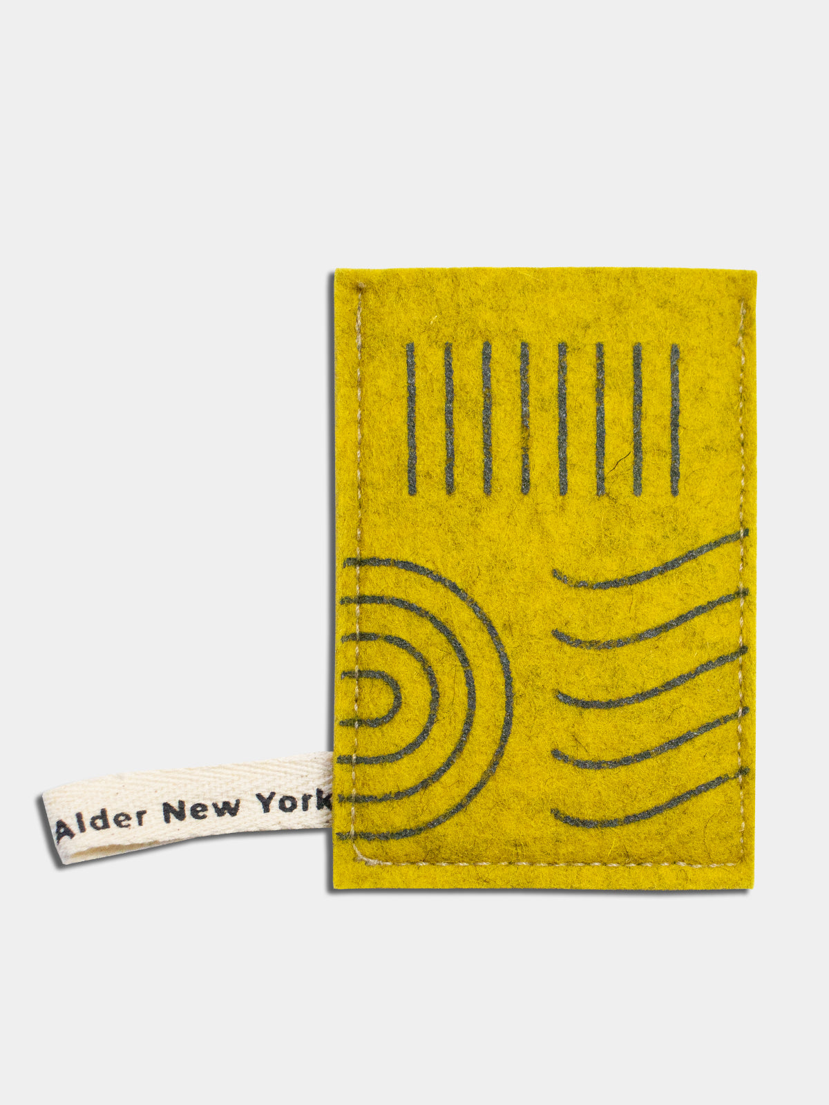 Yellow felted wool Gua Sha protector featuring dark gray-green graphic pattern