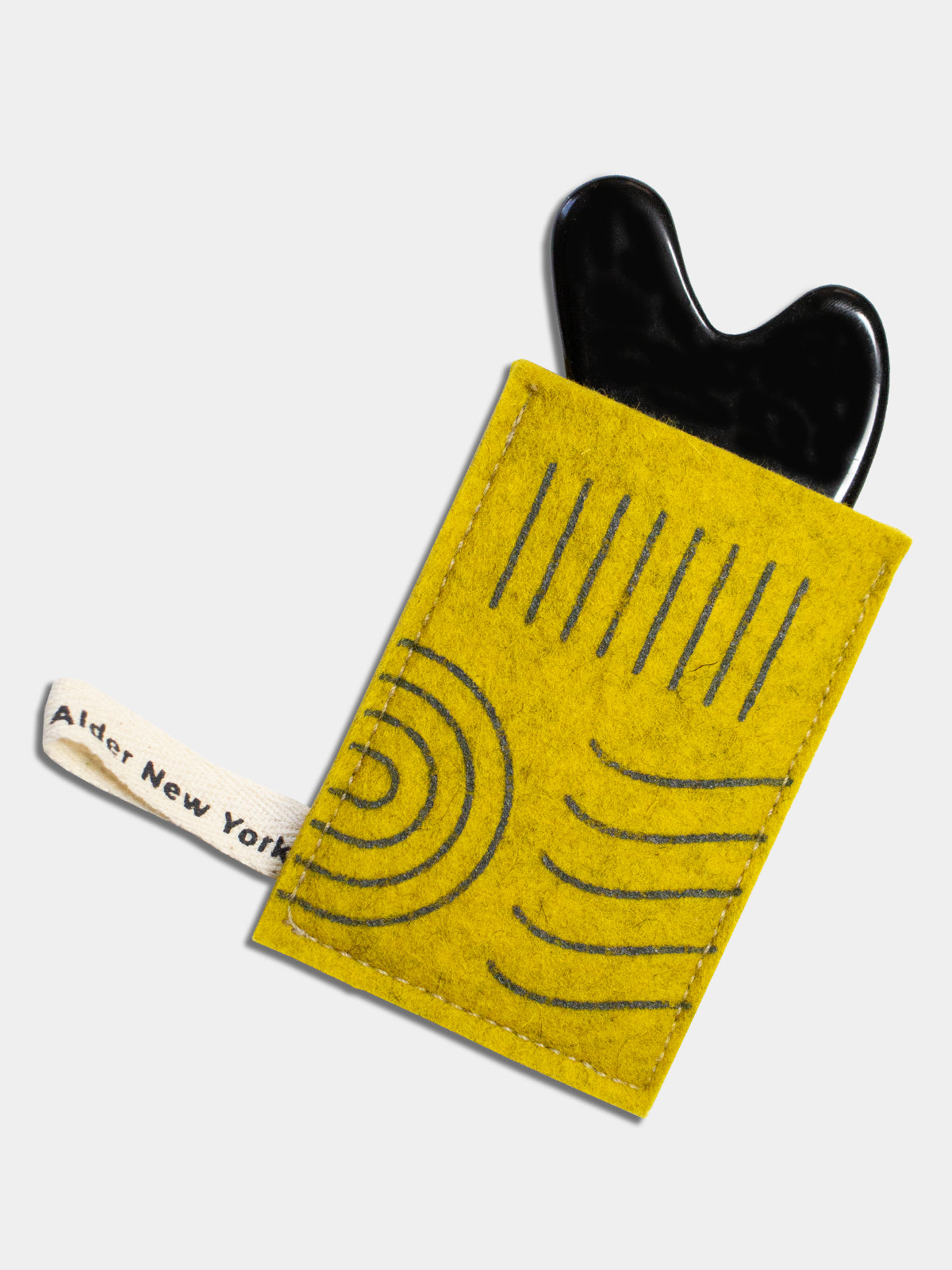 Yellow felted wool Gua Sha protector featuring dark gray-green graphic pattern